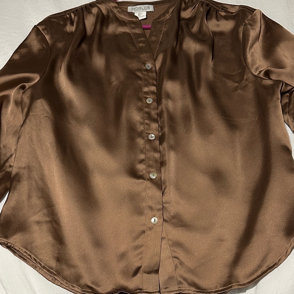 Rachel Zoe Brown Satin Button Down Shirt - Picture 2 of 6